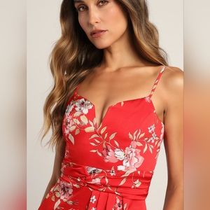 Lulu's My Favorite Day Red Floral Print Tulip Skirt Midi Dress, size large